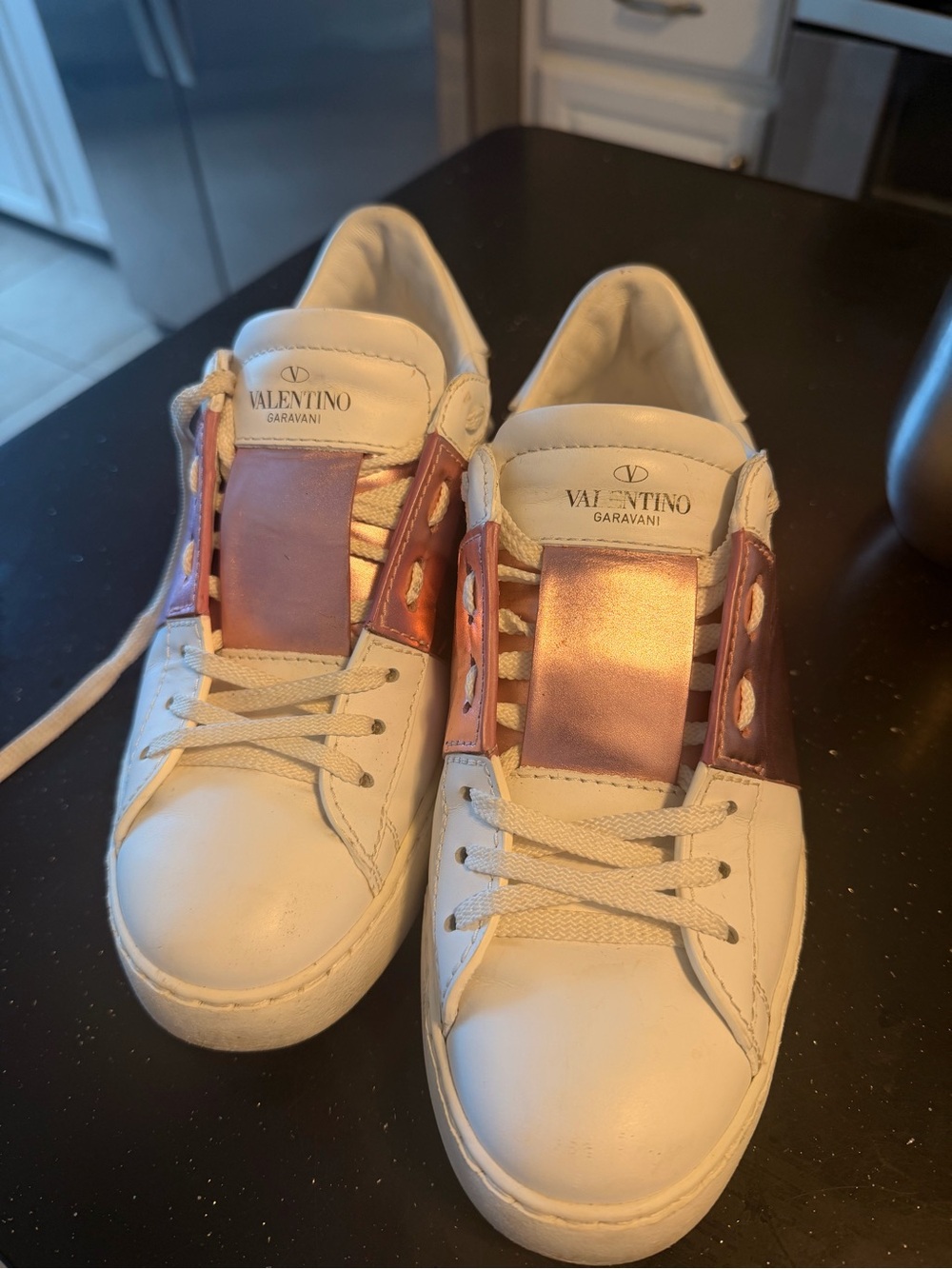 Valentino Garavani White Leather Sneakers with Pink Metallic Panel - Picture 14 of 16